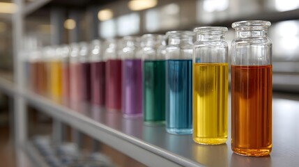 Row of colorful liquids in glass vials on a laboratory shelf representing scientific research and discovery