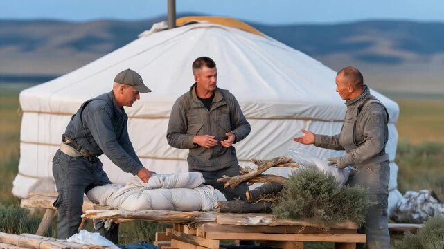 Nomadic herders breaking down a temporary yurt at sunrise, carefully packing textiles, tools, and supplies onto livestock as they continue a centuries-old seasonal migration across open grasslands.