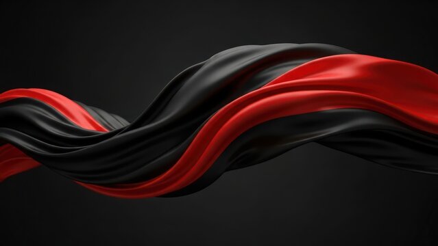 Flowing ribbons of black and red fabric against a dark background