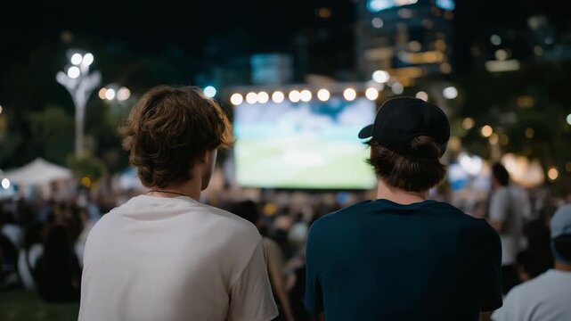 Outdoor fan zone during evening match, illuminated screen and lights, people gathered closely, creating festive mood, excitement, and unforgettable shared moments. cinematic color correction,