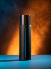 Sleek black cylindrical bottle with a luminous blue stripe against a vibrant dual-tone background