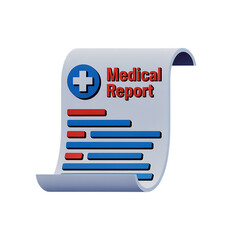 3D medical report scroll with red and blue data bars, isolated subject and cut-out for design.