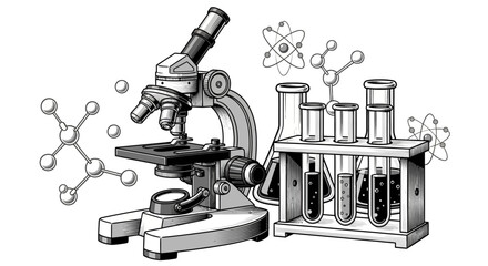 Laboratory microscope and test tubes equipment.