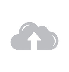 A simple gray cloud graphic containing a white upward arrow symbolizes cloud computing upload functionality isolated on white.