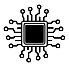 Black and white artificial intelligence microchip icon representing CPU, processor, digital technology, machine learning, and modern computing systems. Suitable for technology, software, AI, and elect