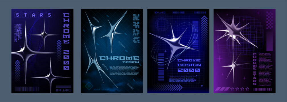 Y2k chrome art. 3D glitch metal typography. Alien futuristic cyberpunk or space abstract shapes. Retro digital banners. Glossy spike star. Cyber wireframe. Vector design posters set