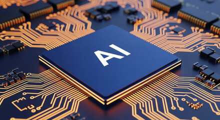 AI chip on circuit board, showcasing technological advancement, symbolizes artificial intelligence, innovation, and future technology
