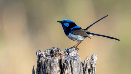 A small, vibrant blue bird perched atop a weathered wooden stump, looking alert
