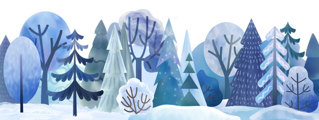 Fototapeta premium Winter forest. Snow tree watercolor nordic landscape, horizontal banner backdrop. Blue fir or spruce art panorama. Frozen pine in snowfall. Frosty coniferous and deciduous vector background