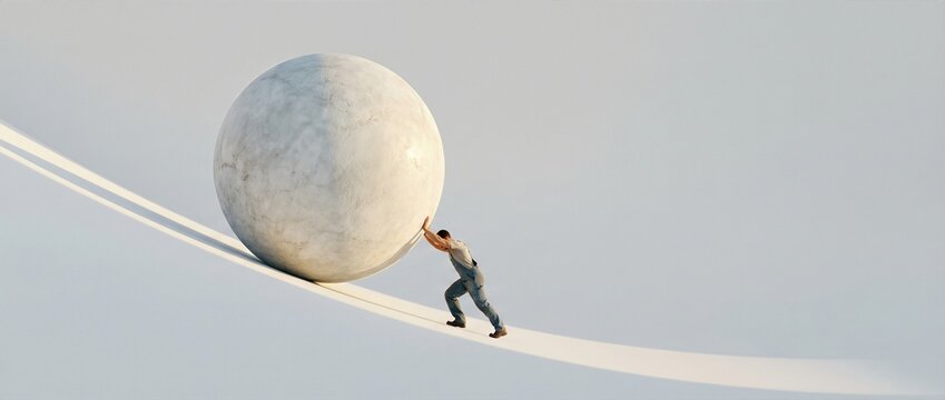 Man pushing a large stone sphere uphill against gravity. Concept of hard work, challenge, and determination in overcoming obstacles.