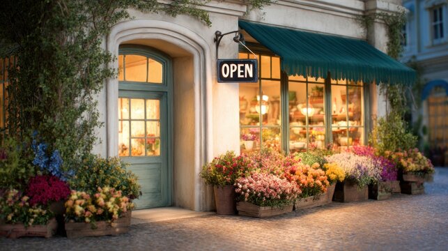 Flower shop with open sign and colorful blooms during evening hours