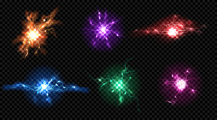 Thunder light. Red and yellow energy effect or glowing power ball. Gold flash bolt lightening. Magic storm burst. Thunderstorm strike. Thunderbolt blast. Vector electric shine spheres set © SpicyTruffel
