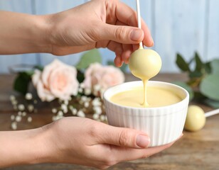 Hands Dipping White Cake Pop In White Chocolate Ganache With Roses And Eucalyptus In Soft Light