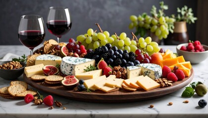 Gourmet Cheese Board Display With Red Wine Glasses Assorted Fruits Nuts Crackers And Various Cheeses On Wooden Platter With Soft Lighting