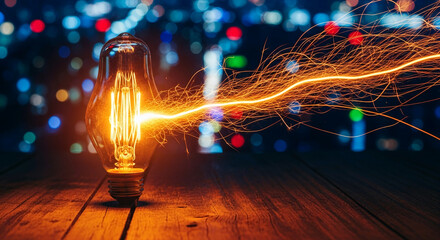 Glowing Edison bulb on wooden surface, emitting bright spark, against bokeh city lights background, showcasing innovation, creativity and bright ideas