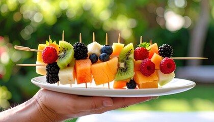 Close Up Of A Hand Holding A Plate Of Colorful Fruit Skewers Outdoors With Green Blurred Background