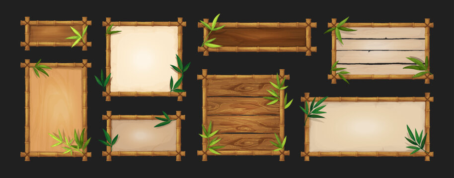 Bamboo frame. Wood sign board, wooden game adventure border or ui name banner for map different size, green plant leaves texture. Empty framework panels. Vector graphic design elements
