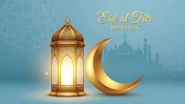 Beautiful eid al-fitr greeting with golden crescent and traditional lantern against blue backdrop.