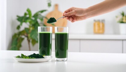 Hand Adding Green Superfood Powder to Refreshing Green Drink in Tall Glass Prepared in Bright Modern Kitchen with Healthy Lifestyle