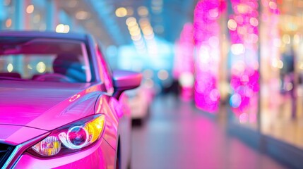 Car in bright colors near shopping area with holiday lights and people