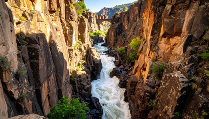 Rushing White Water River Carving Through Rugged Sunlit Canyon Walls With Green Vegetation In The Foreground Under A Clear Blue Sky