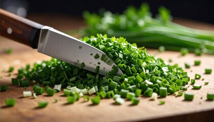 Freshly Chopped Green Chives Sprinkled On A Wooden Cutting Board With A Knife Ready For Cooking Preparation
