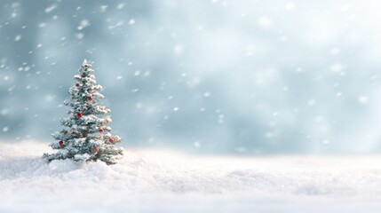 Fototapeta premium Snow falls on a small decorated Christmas tree in a winter setting