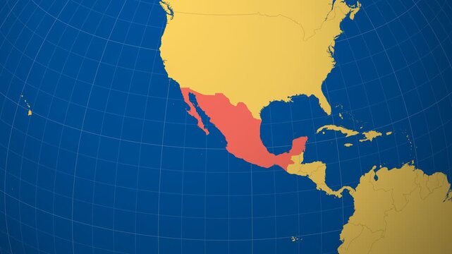 Mexico on Globe. Animated zoom into the country in Ocean Blue Golden Yellow color palette. Mexico logo animation. Map with meridians, parallels. Classy video.