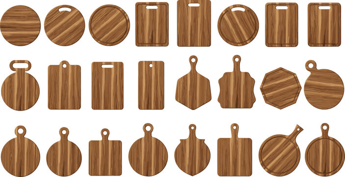 Wooden Cutting Boards Collection Flat Vector Set of Kitchen Chopping Boards for Cooking, Food, and Restaurant Design