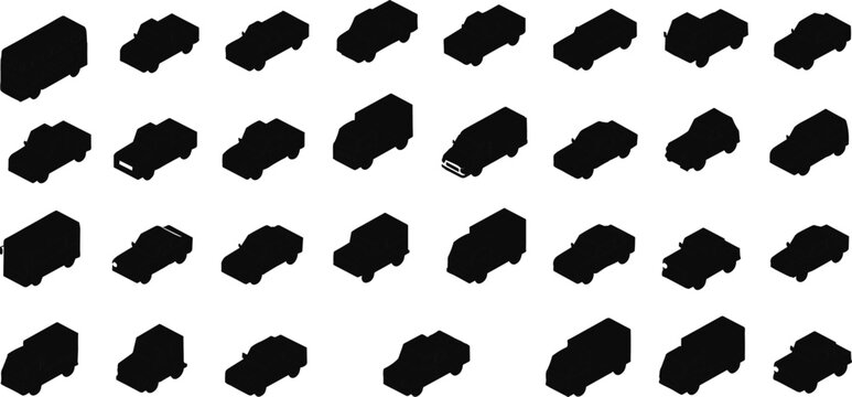 Grid of 30 black vehicle icons in isometric view, featuring diverse cars, vans, buses, and trucks for transport design and classification.