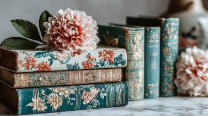 Vintage books with floral covers and a pink flower arrangement.