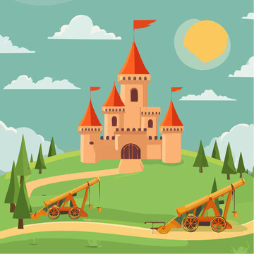 Ch&acirc;teau m&eacute;di&eacute;val avec engins de si&egrave;ge &ndash; illustration historique avec catapulte et tr&eacute;buchet
