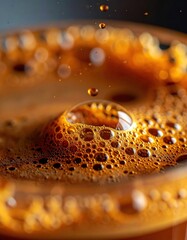 Close Up Of Dark Brown Coffee With Frothy Bubbles And Falling Drops In A Glass Macro Shot Capturing Texture And Movement