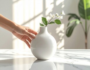 Delicate White Flower Stem Placed in a Smooth White Ceramic Vase by a Gentle Hand on a Marble Table with Sunlight Shadows