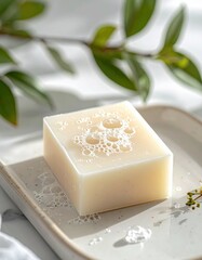 Natural Handmade Soap Bar with Gentle Bubbles and Greenery Accent on Ceramic Dish with Soft Sunlight and Shadow Play