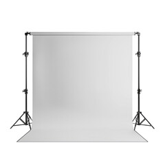 Studio backdrop with seamless white paper on adjustable stands in soft natural lighting for product photography isolated on transparent background