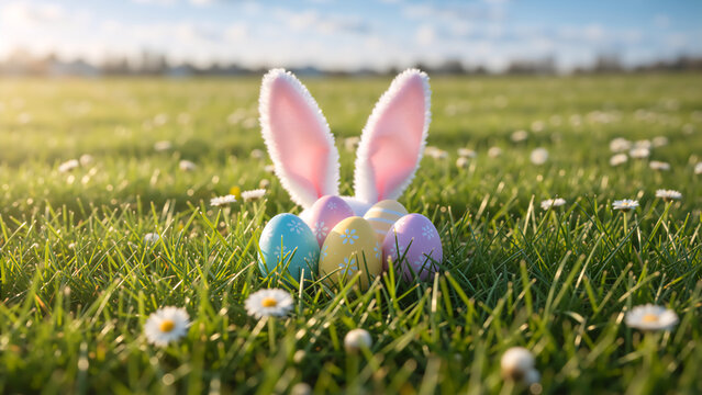 Easter bunny ears hiding behind colorful decorated eggs in green grass. Sunny spring meadow background with daisies. Holiday celebration concept