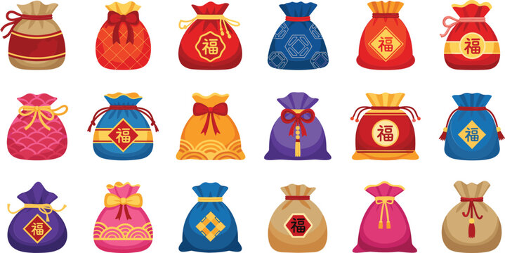 Chinese lucky money bags collection set red packet pouch symbols flat vector illustration isolated on white background