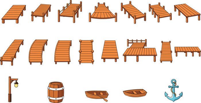Wooden pier dock elements collection set bridges platforms boats maritime objects flat vector illustration isolated on white background