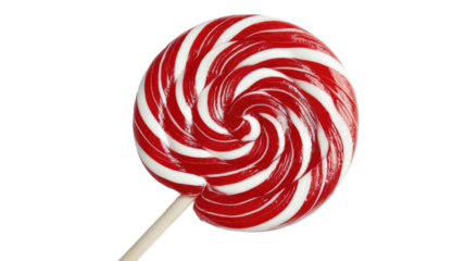 Red and white swirl lollipop candy with glossy sugar texture sweet dessert isolated on white background
