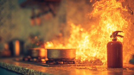 Fire outbreak in kitchen during cooking process with fire extinguisher nearby