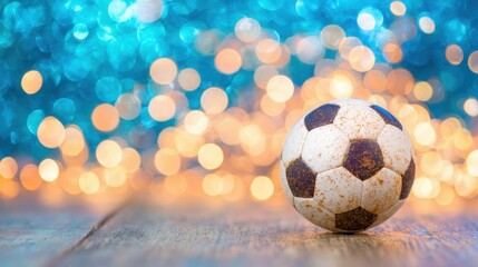 Naklejka premium Soccer ball sits on wooden surface with colorful lights in background