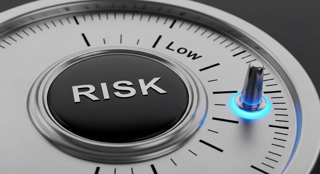Close-up of metallic dial showing risk level, set to low.  Illustrates risk management, control, and security concepts.  Suitable for business or finance contexts