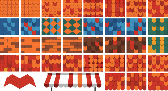 Roof tile pattern collection set seamless house shingles textures flat vector illustration isolated on white background