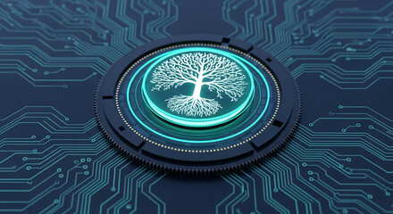 Stylized tree on glowing circular display, set against circuit board background, symbolizing technology's connection to nature, growth, or sustainability