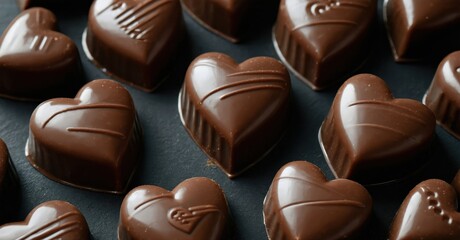 Fototapeta premium Chocolate hearts arranged closely. Dark background highlights sweet treats, perfect for gifting or indulgence. Delicious, rich dessert.