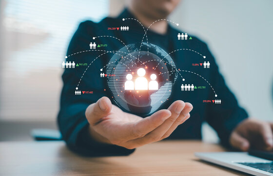 Business professional presenting global customer network with data analytics for audience growth, digital marketing represent CRM strategy by user connection and worldwide business expansion concept.