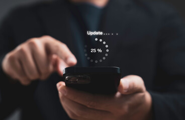Person using smartphone with software update progress loading on mobile application installation representing system upgrade of digital technology, cybersecurity and data processing concept.