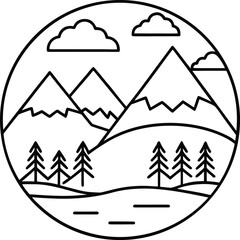 Obraz premium A simple line-art vector illustration of a mountain landscape.