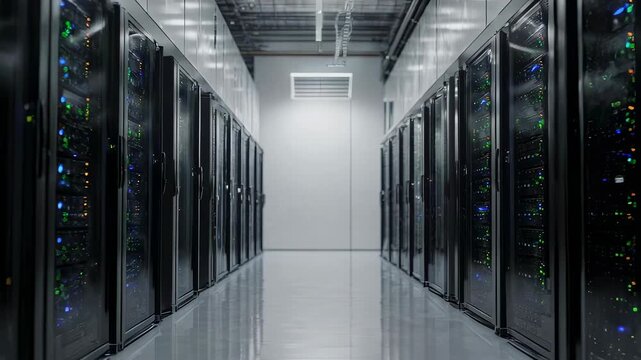 A data center corridor features rows of server racks, with lights and reflective floor